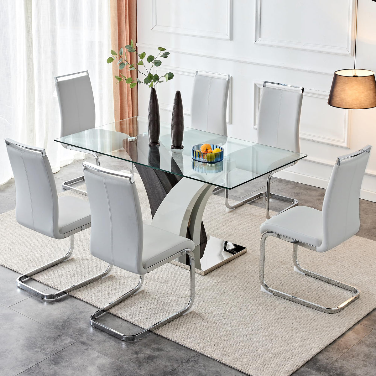 Glass Dining Table Set for 6, Modern 63" Dining Room Table Set for 6