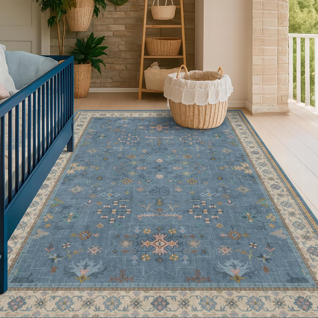 Washable Blue Rugs for Kids Room, Boho Nursery Rug Boys, Colorful Eclectic Low-Pile Carpet, Dining Table