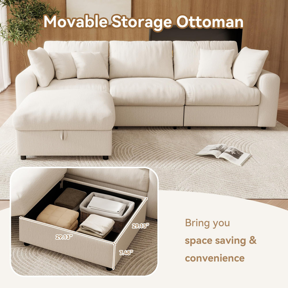 110" Cloud Sectional Couches, Modular Sectional Sofa with Deep Seat, Convertible L-Shape Couch with Storage Ottoman