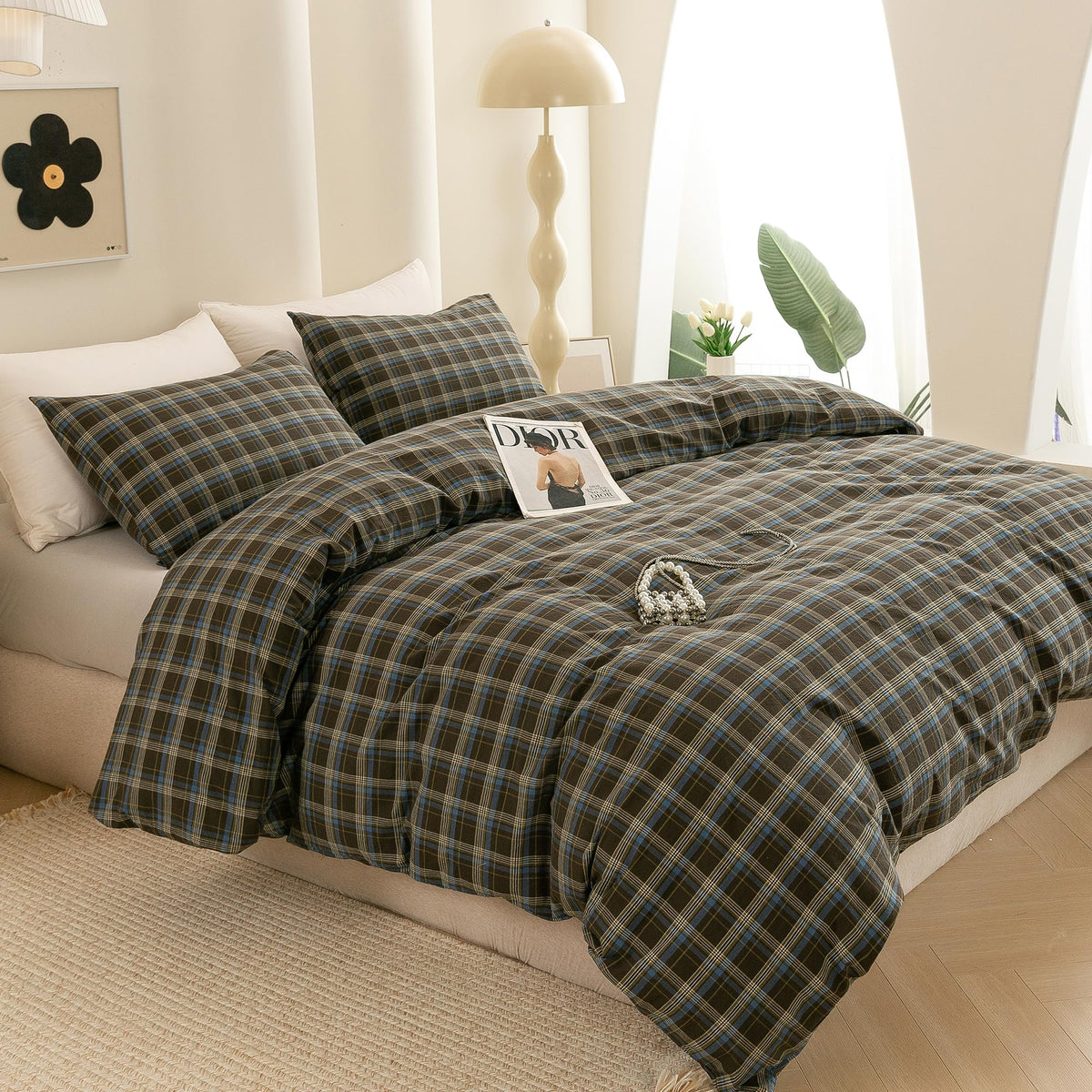 Cotton 3 Pcs Duvet Cover Set Linen Feel Brown & Blue Plaid King