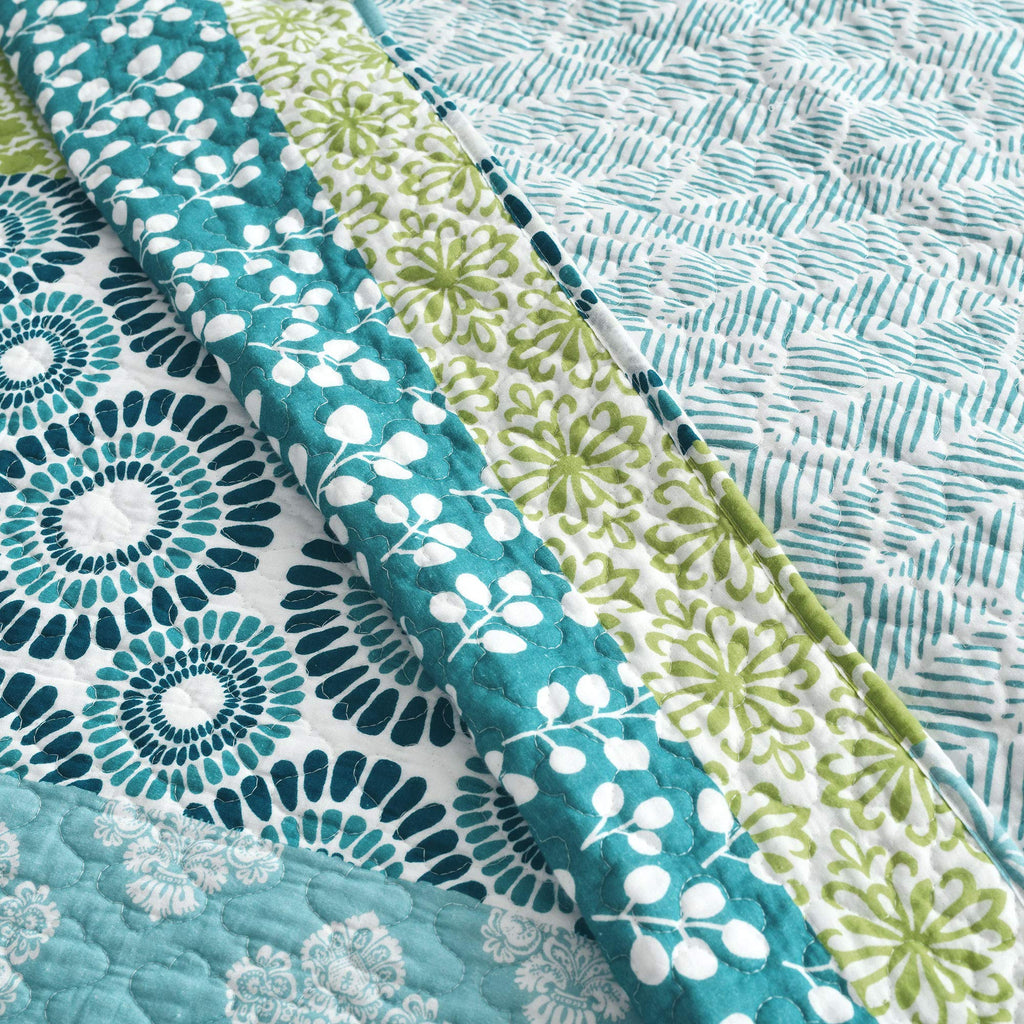 Bohemian Stripe Reversible Cotton Quilt Set, 3 Piece Set, Blue & Green - Striped Bedding Set - Blue Quilt
