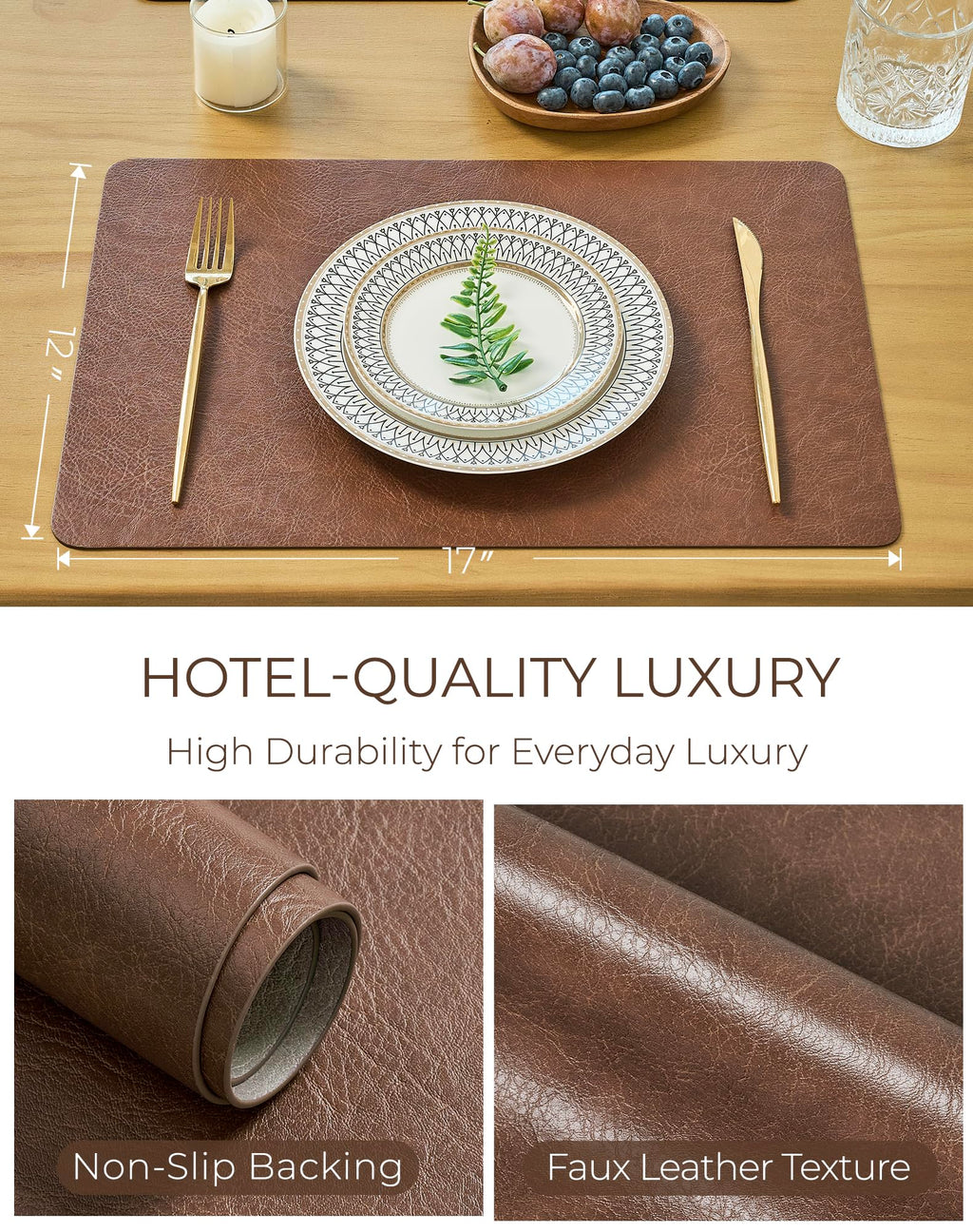 Reversible Faux Leather Placemats Set of 4, 12x17 Inch, Heat Resistant Waterproof Non-Slip Table Mats for Dining