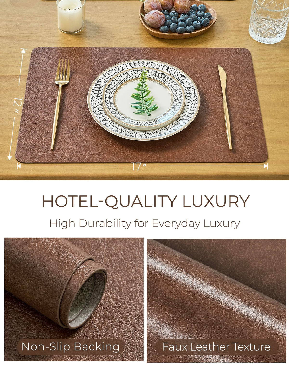 Reversible Faux Leather Placemats Set of 4, 12x17 Inch, Heat Resistant Waterproof Non-Slip Table Mats for Dining