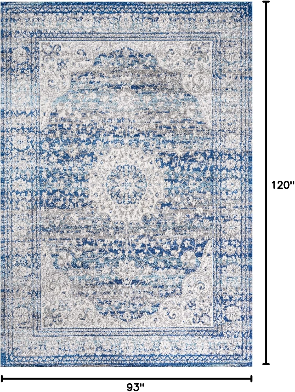 Scala Ornate Vintage Blue/Dark Gray Indoor Area Rug, Medallion, Bohemian, Easy-Cleaning, Pet Friendly