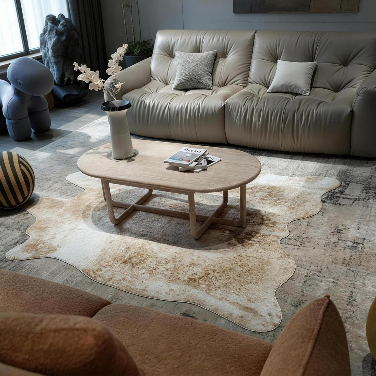 Large Faux Cowhide Rug Beige Brown Animal Print Shaggy Area Rug with Suede Backing, Non-Slip, Machine Washable