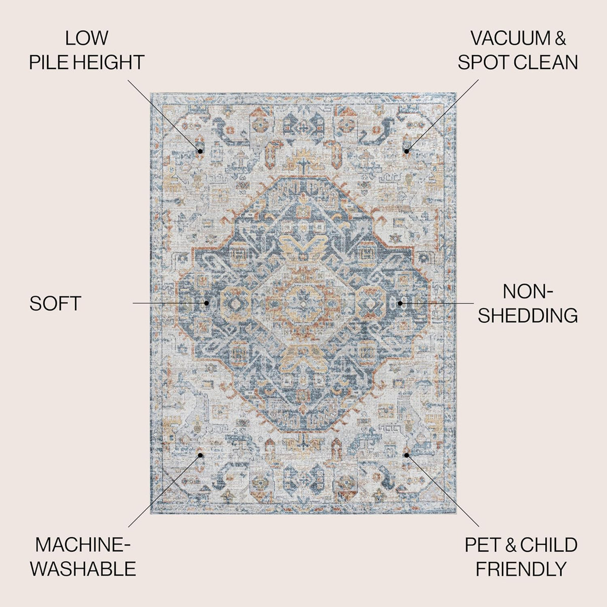 Machine Washable Indoor Area Rug Cream/Blue/Terra, Shaemus Bohemian Medallion Low-Pile, Easy-Cleaning