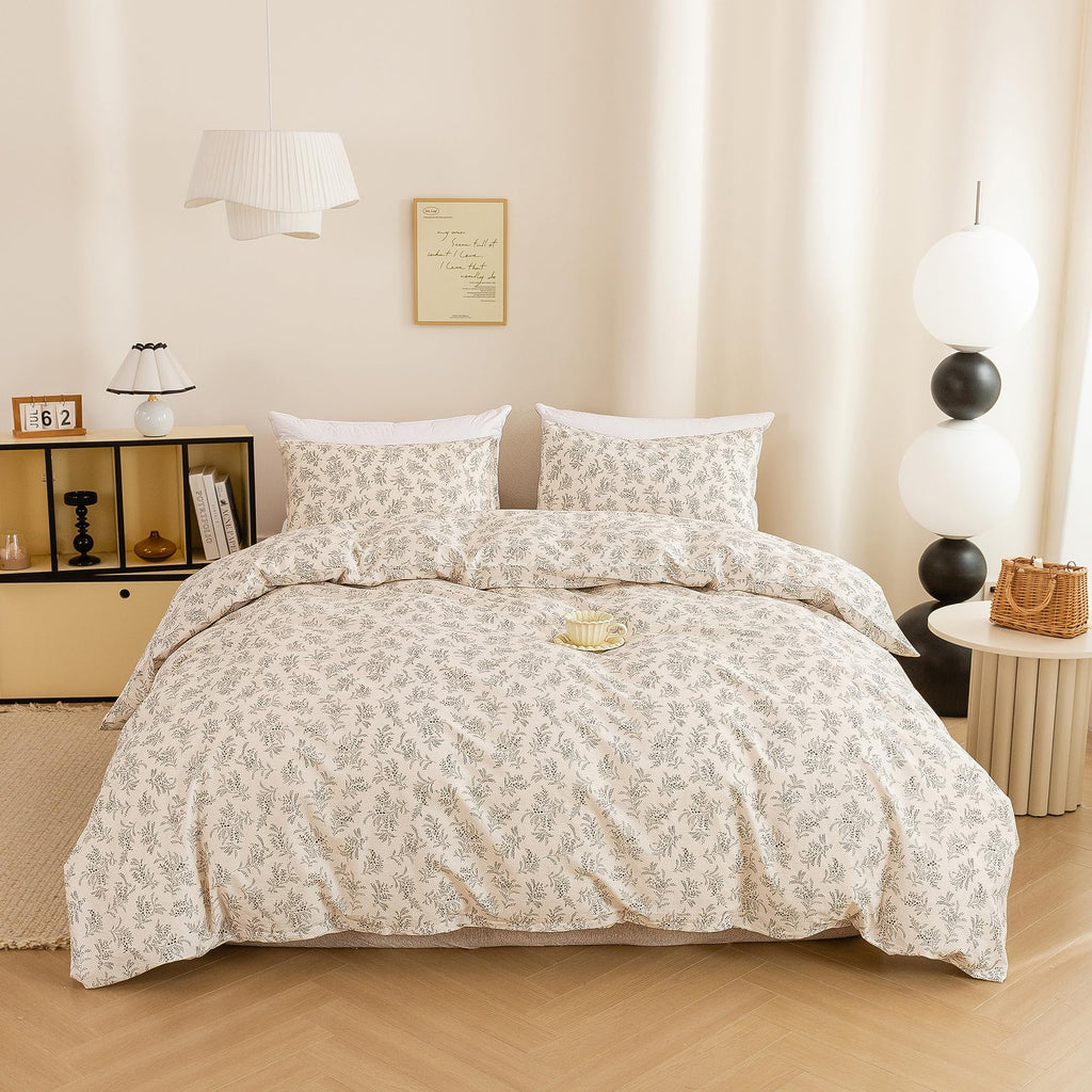 Floral Botanical Duvet Cover, Soft Breathable Bedding Set with 2 Pillowcases, Farmhouse Vintage Flower