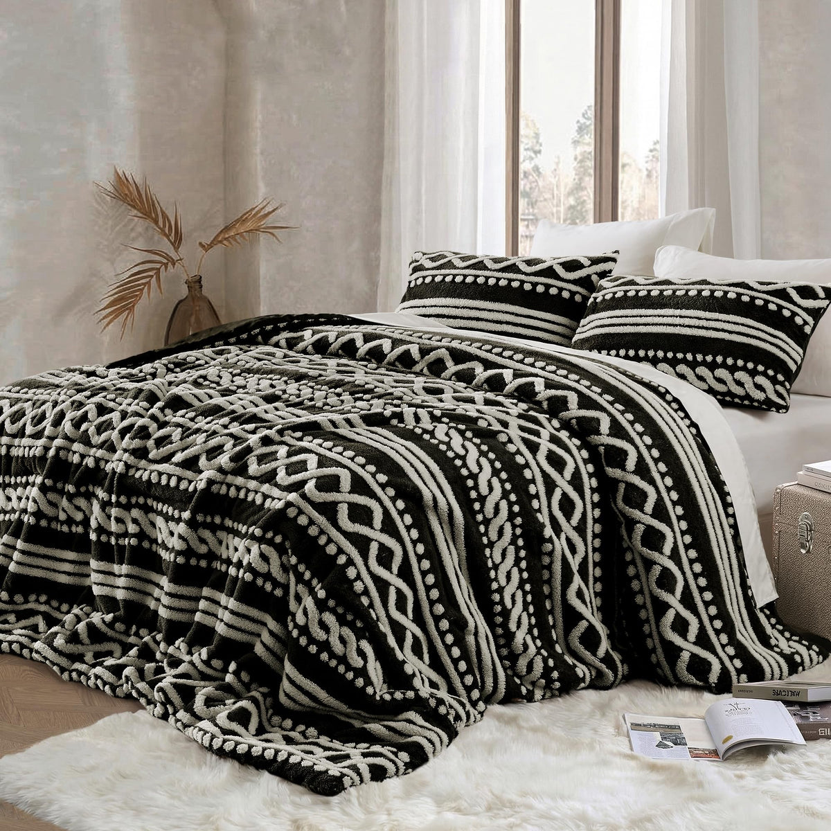 Tufted Boho Comforter, 3 Piece Flannel Fair Isle Geometric Jacquard Lightweight Comforter with Washed Brushed