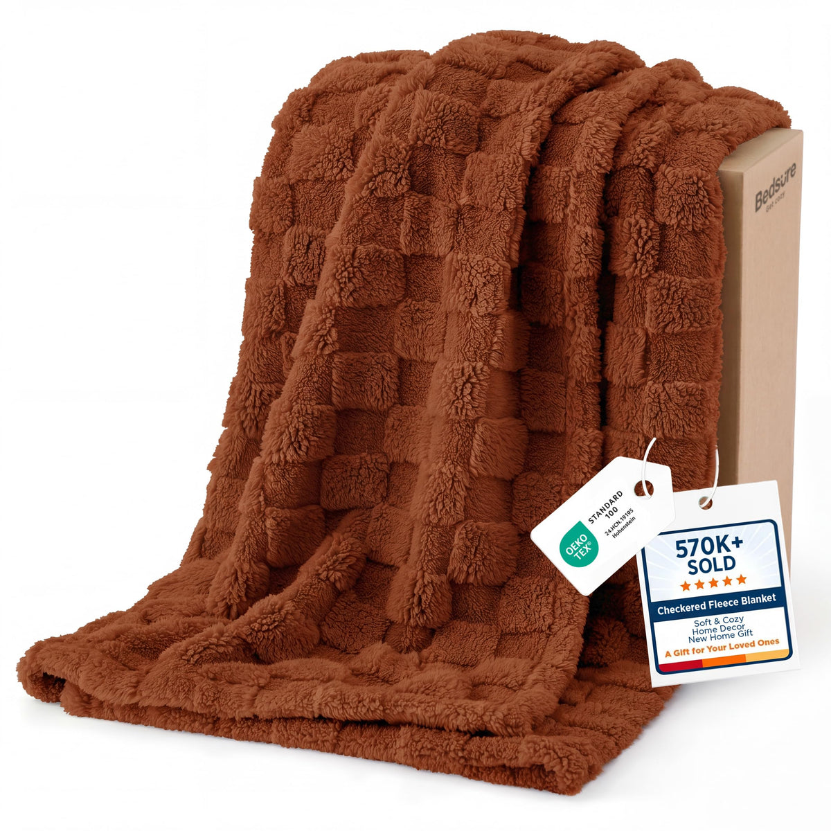 Checkered Soft Fall Throw Blanket for Couch, Burnt Orange, 50"×60"