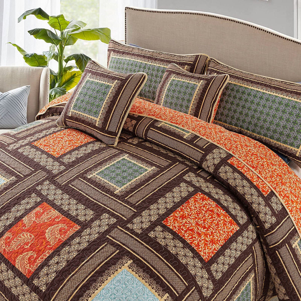 Cotton Patchwork Bedspread, 3-Piece Bedding Quilt Set with Real Stitched Embroidery, Reversible Matelasse Bed