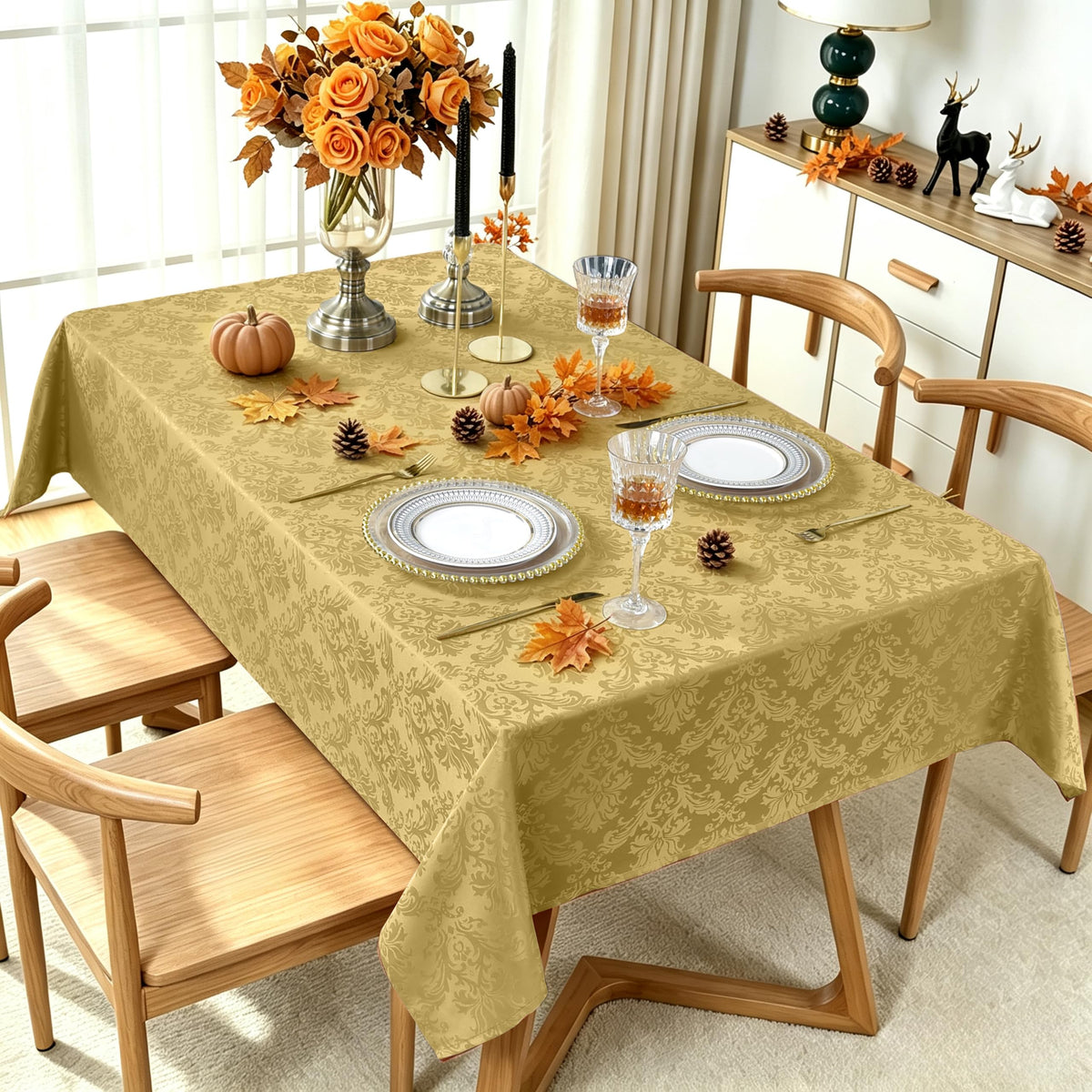 Golden Yellow Fall Jacquard Tablecloth, 60 x 102 Inch Rectangle