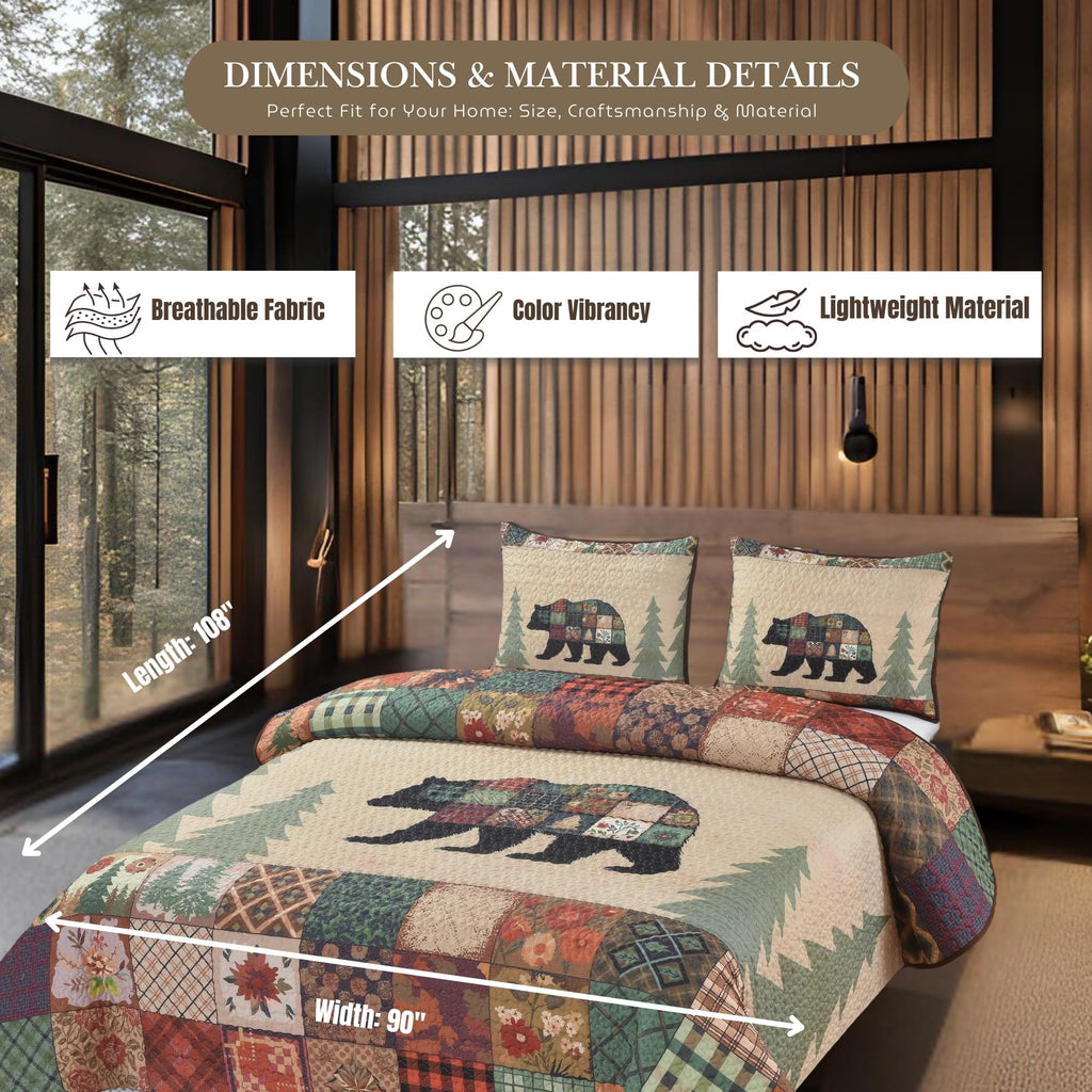Bear Themed King Quilt Coverlet Set - Rustic Cabin Bedding