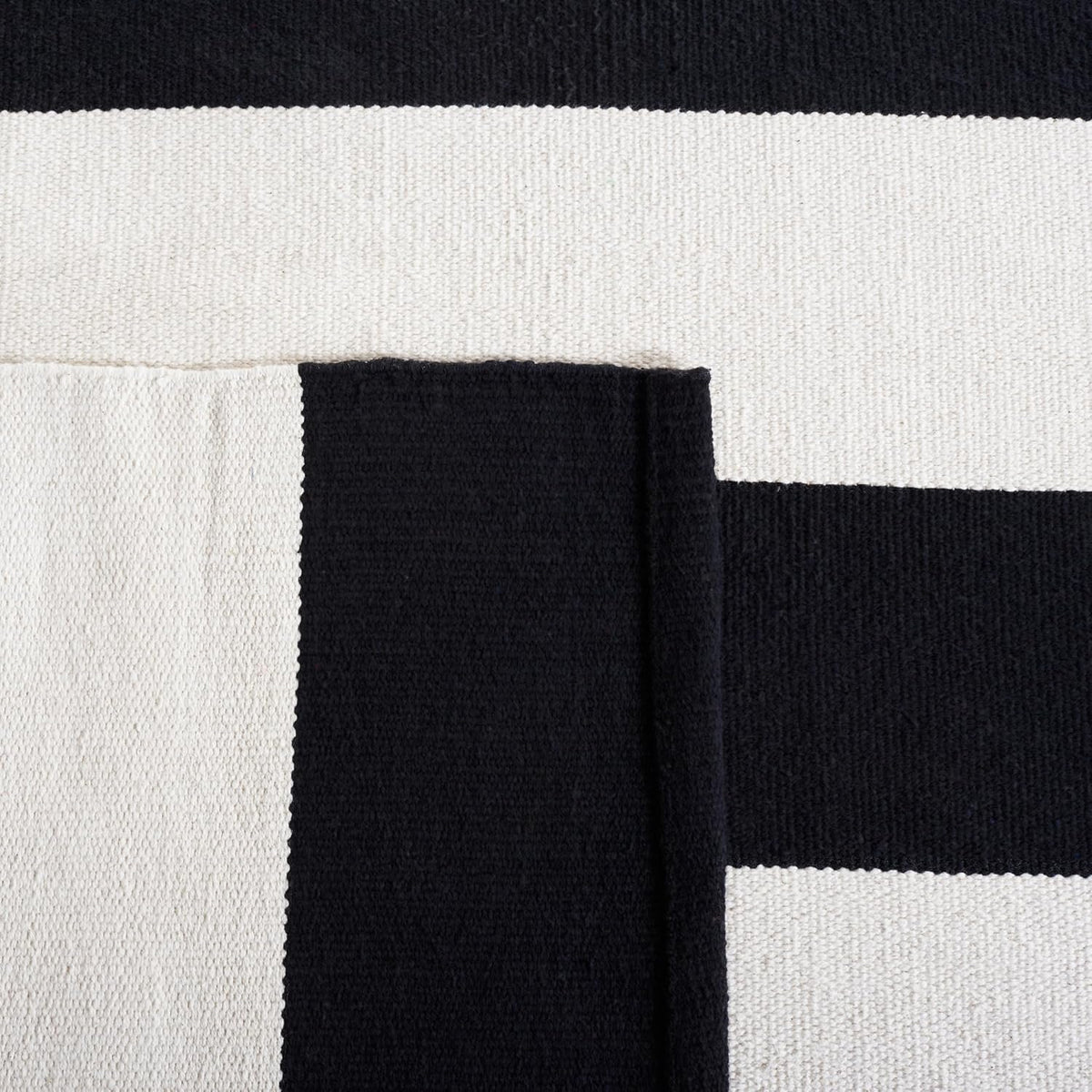Montauk Collection Area Rug - 8' Square, Black & Ivory, Handmade Flatweave Cotton, Woven Texture, Farmhouse Stripe