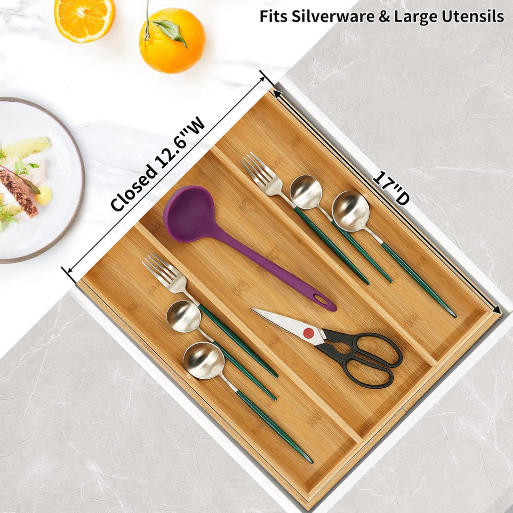 Bamboo Expandable Kitchen Drawer Organizer Silverware Utensil Tray