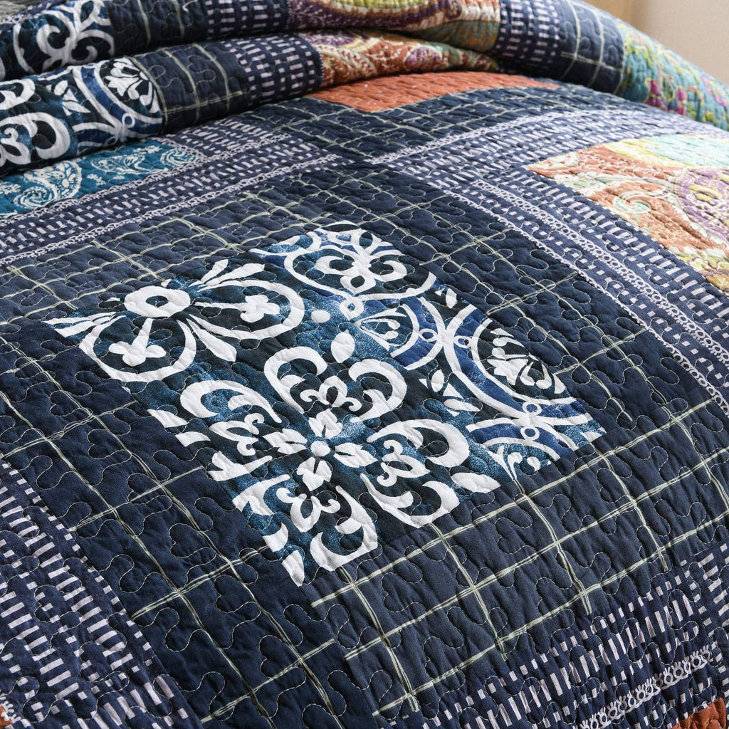 Bedspread Quilt Set with Real Stitched Embroidery, Paisley Grid Pattern, Queen Size