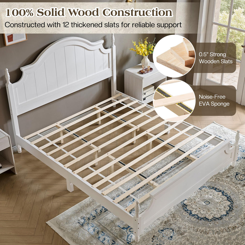 Solid Wood Poster Bed, 55" Arched Headboard, White