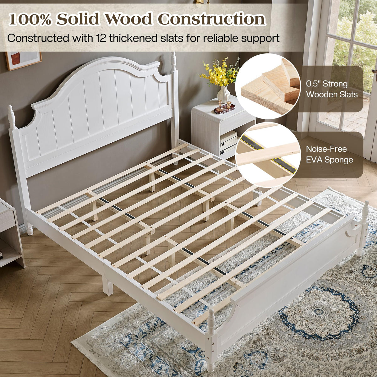 Solid Wood Poster Bed, 55" Arched Headboard, White