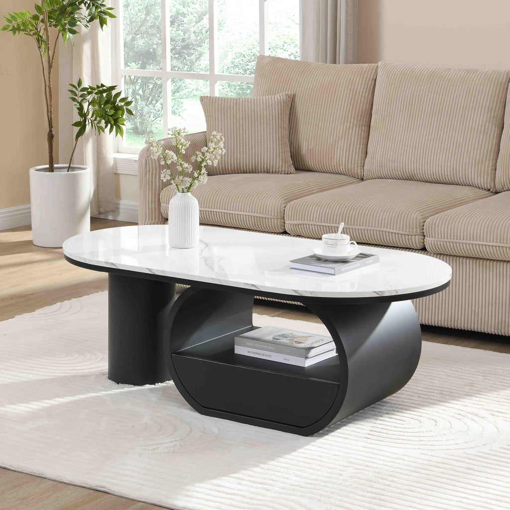 Inspired Saarinen Style Faux Marble Oval Coffee Table with Storage Drawer Pedestal Base