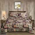 3-Piece Moose Pine Tree Reversible Quilt Set, Checked Color Stripe Rustic Home Lodge The Wilds Quilted Bedspread