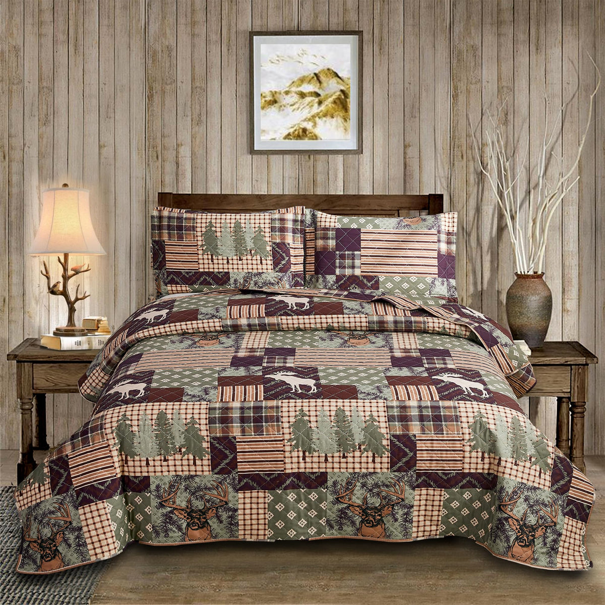 3-Piece Moose Pine Tree Reversible Quilt Set, Checked Color Stripe Rustic Home Lodge The Wilds Quilted Bedspread