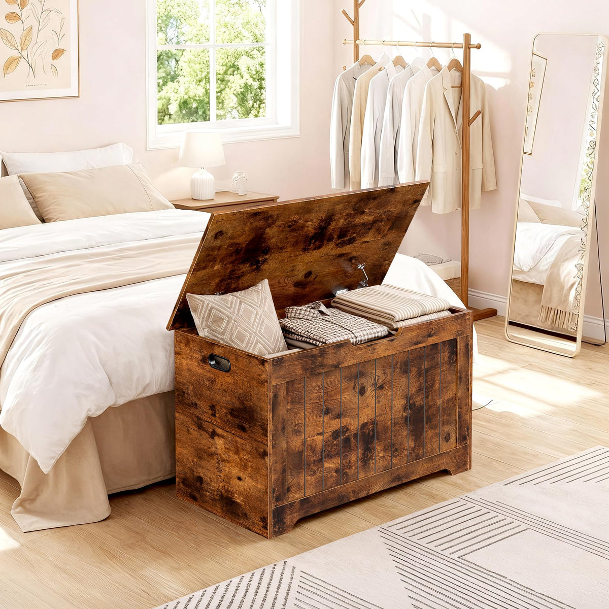 Storage Chest, Wooden Storage Bench with Flip-top Lid & Safety Hinge, Storing Trunk, Rustic Brown