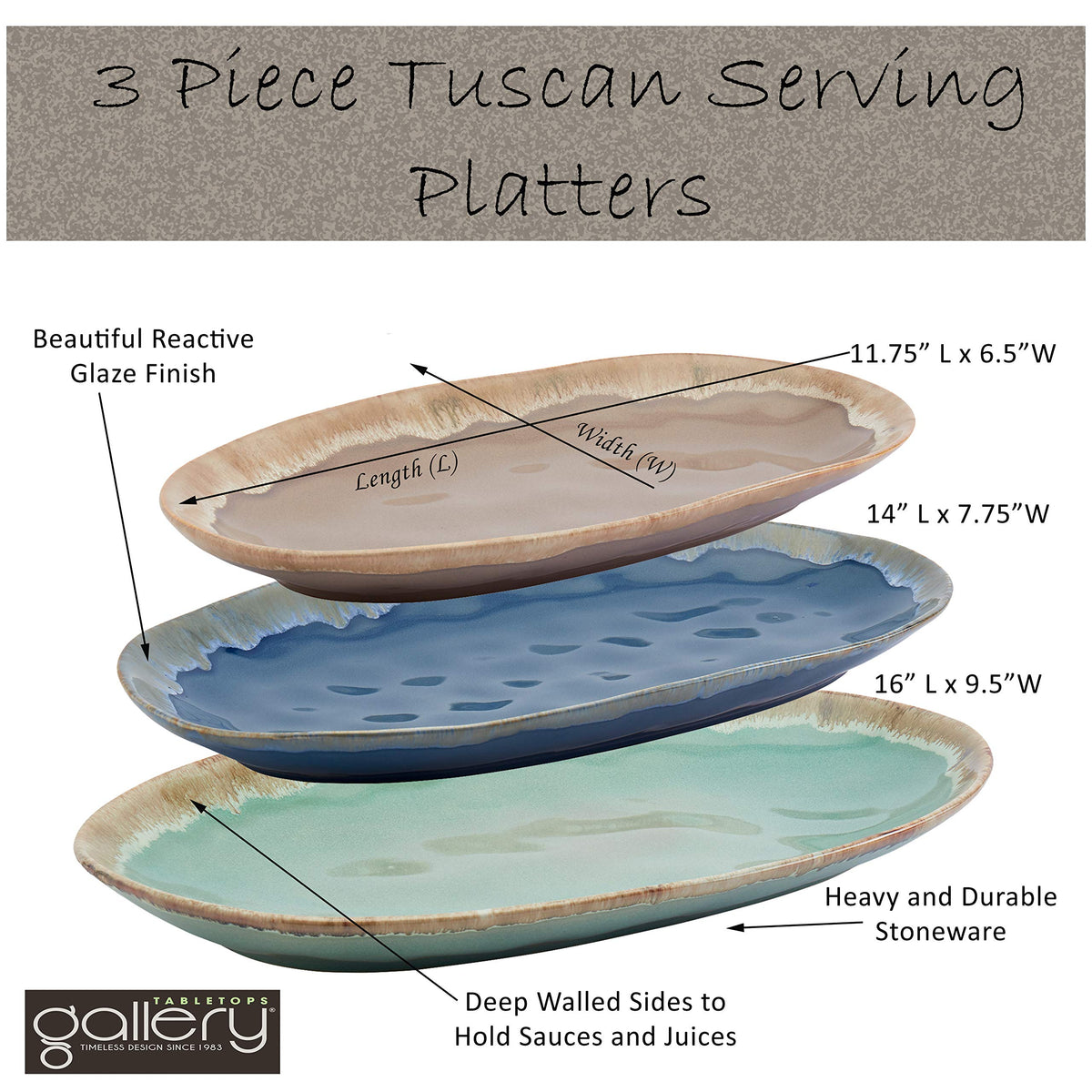 Gallery Tuscan Collection Reactive Glaze 3 Piece Oval Stoneware Serving Trays Platters Kitchen Serveware, Blue Teal