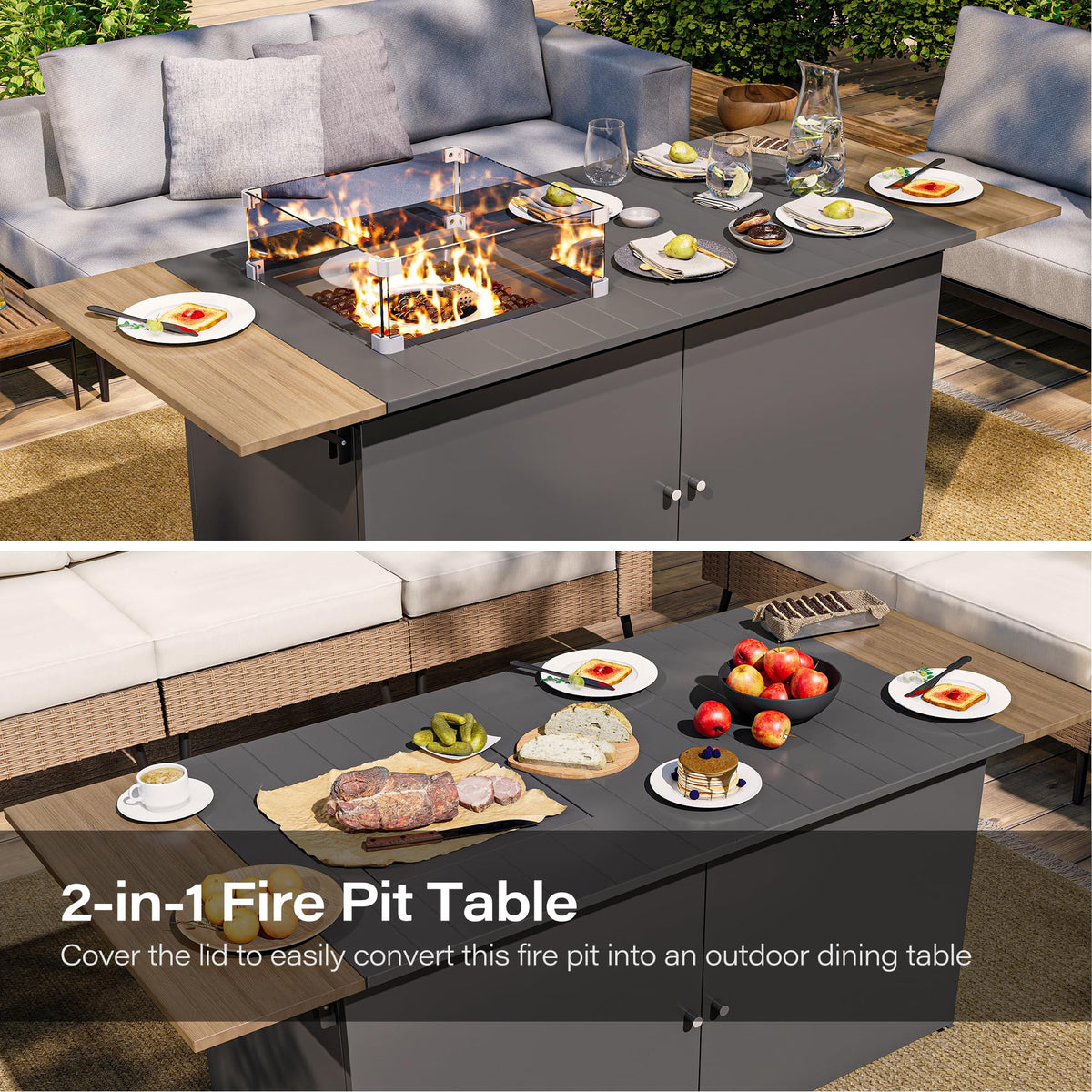 Propane Fire Pit Table 64 Inch with Lid, 60, 000 BTU Gas Fire Pits for Outside Patio with Glass Wind Guard, Dark Grey