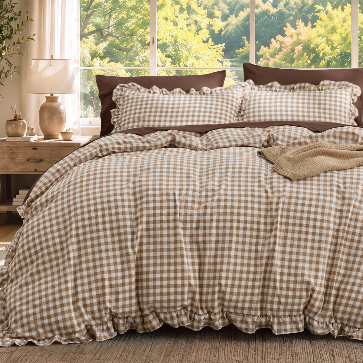 Brown Gingham Ruffle Duvet Cover Set, Cotton-Like Quilt Cover