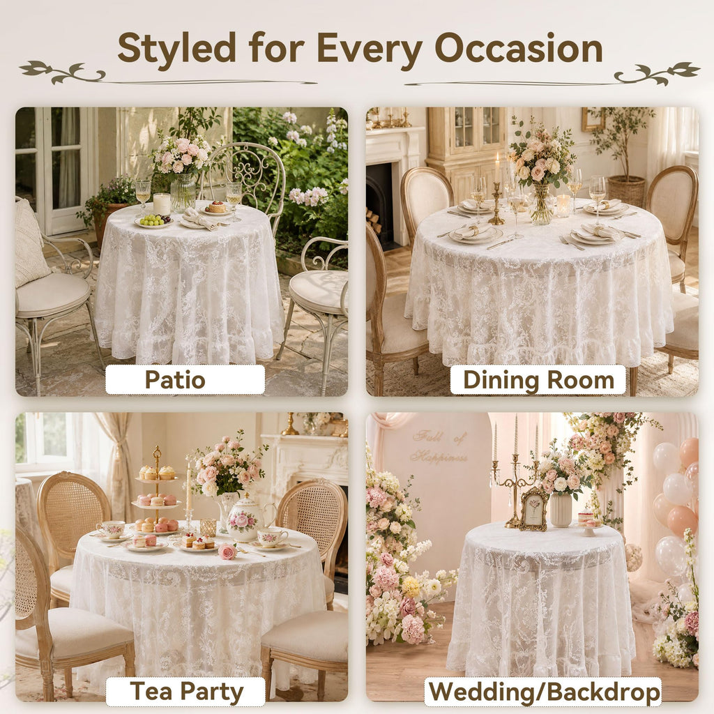 White Lace Tablecloth, Floral 60" Round Table Cloth