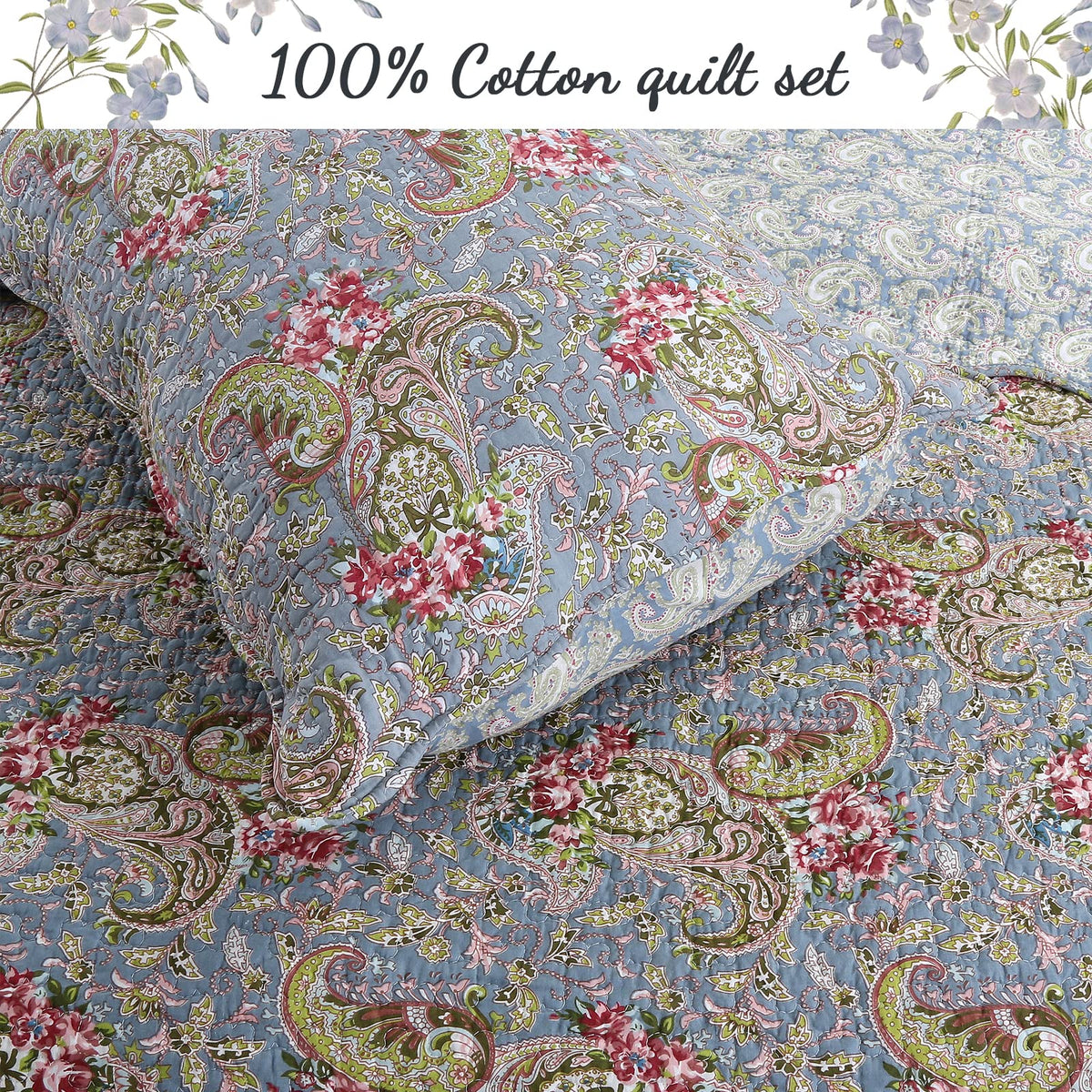 Cottage French Floral Country 100% Cotton Reversible Bedding Quilt Set, Bedspread, Coverlet (Provence Garden, Queen