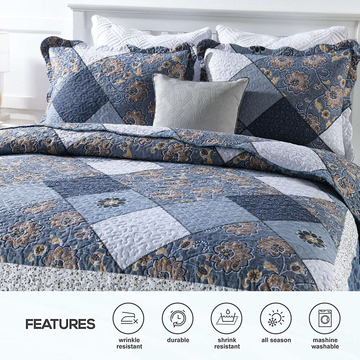 Navy Blue Plaid Floral Quilt Set 98"x106", 3 Pcs Boho Bedspread Coverlet Set for All Season, Patchwork
