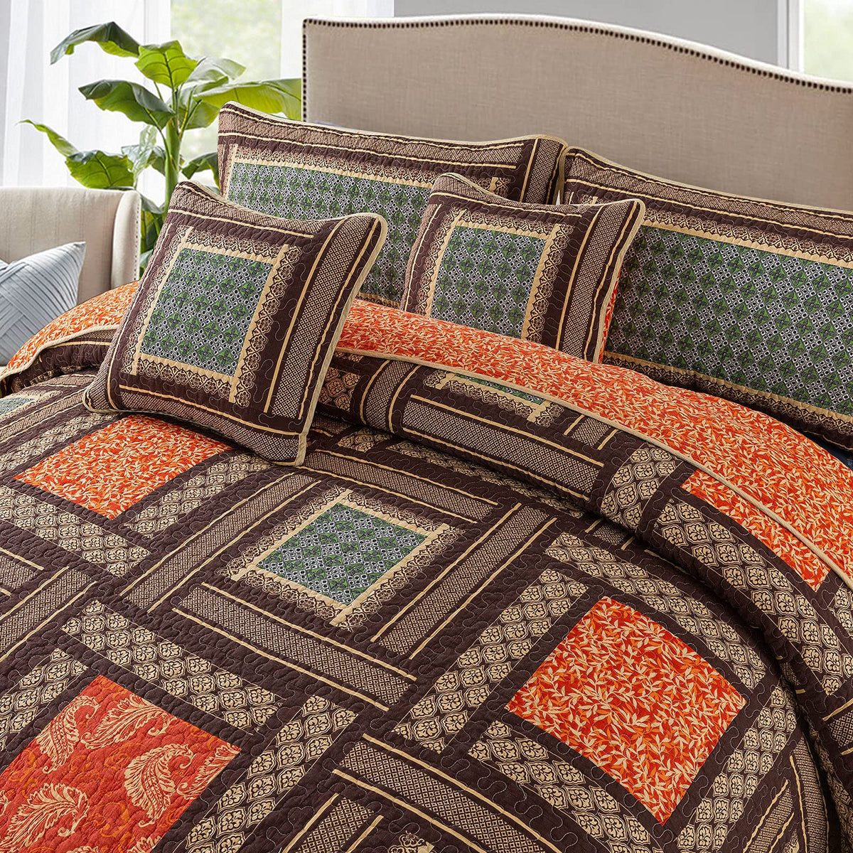 Cotton Patchwork Bedspread, 3-Piece Bedding Quilt Set with Real Stitched Embroidery, Reversible Matelasse Bed