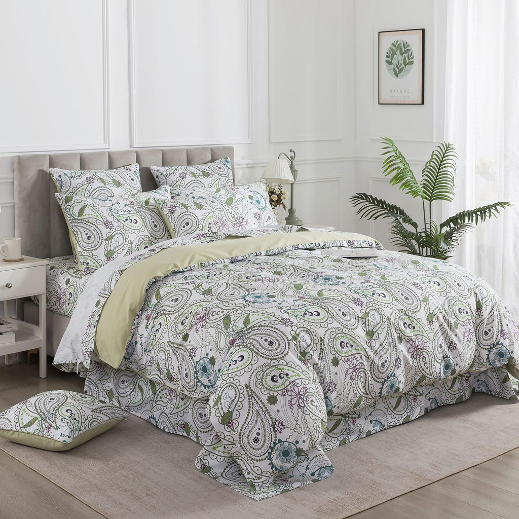 100% Cotton Duvet Cover Set 3 Pieces Sage Green Paisley Bedding, Modern Botanical Floral Paisley Comforter