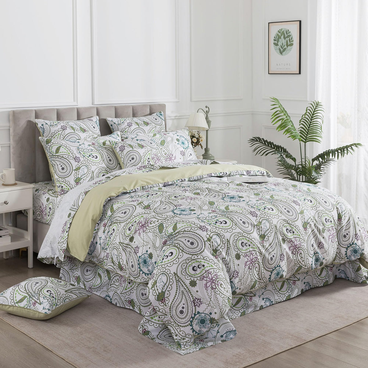 100% Cotton Duvet Cover Set 3 Pieces Sage Green Paisley Bedding, Modern Botanical Floral Paisley Comforter