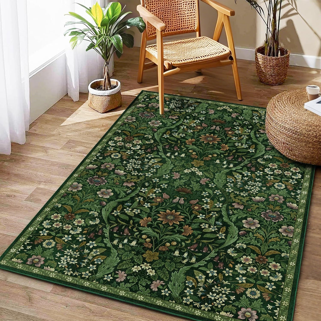 Floral Area Rug Soft Low Pile Boho Carpet