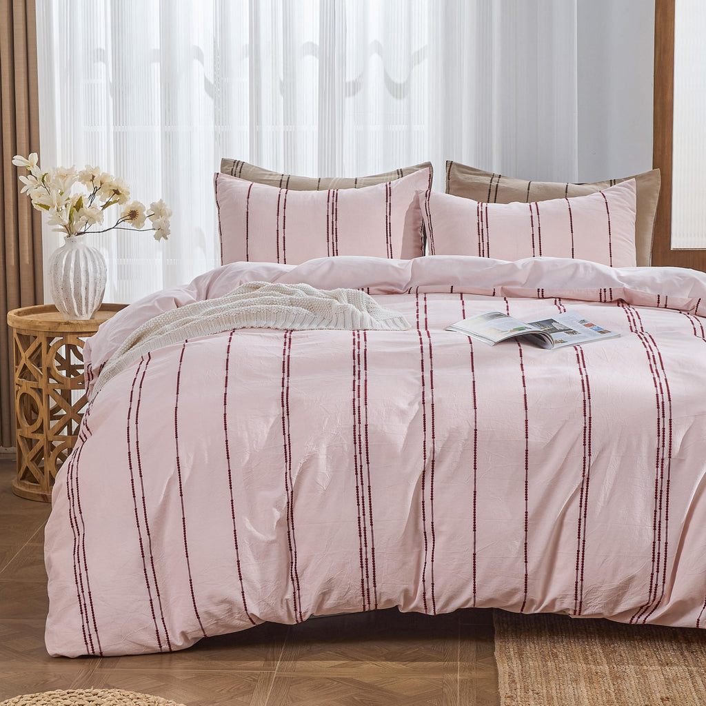 100% Cotton Striped Duvet Cover Set, 3Pcs Boho Linen-Like Textured Comforter Cover with Embroidered