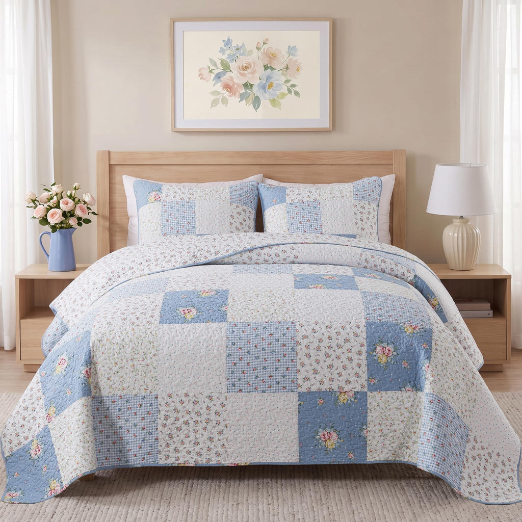 Bluebell Cottage Floral Cotton Quilt Set, with 2 Shams