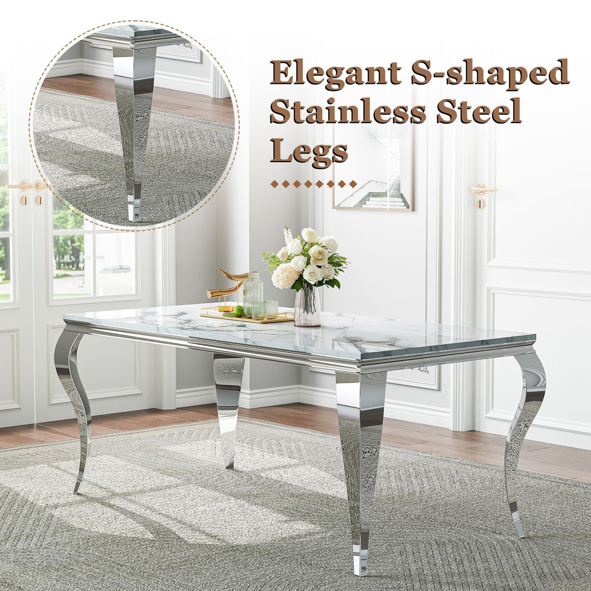 Modern Marble Dining Table Set of 7, 70" Faux Marble Kitchen Table with 6 Leather Upholstered Chairs, White Marble