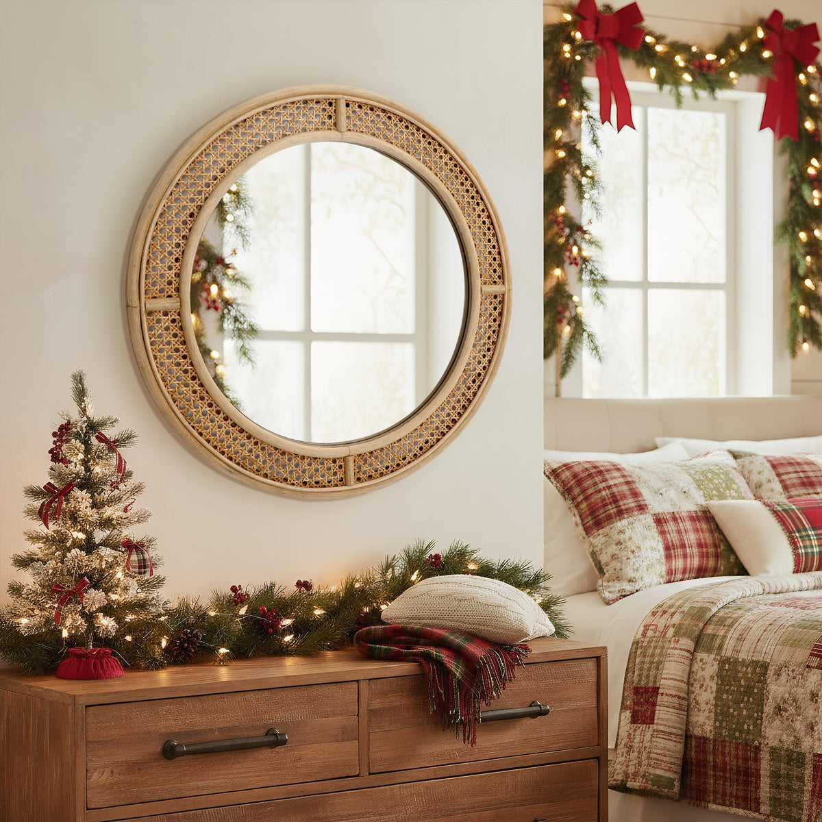 Round Rattan Wall Mirror with Wooden Framed, Modern Boho Decorative Mirror, Entry, Living Room, Bedroom, 24 Inch
