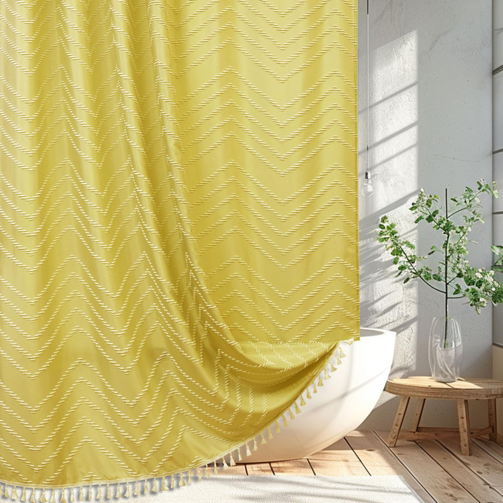 Yellow Boho with White Tassel - 72 x 72 Modern Farmhouse Textured Tufted Chevron Striped Minimalist Bathroom