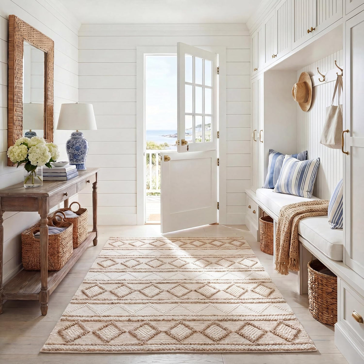 Natural Fiber Collection Area Rug, Beige & Ivory, Handmade Moroccan Boho Tribal Jute & Wool, Ideal for High