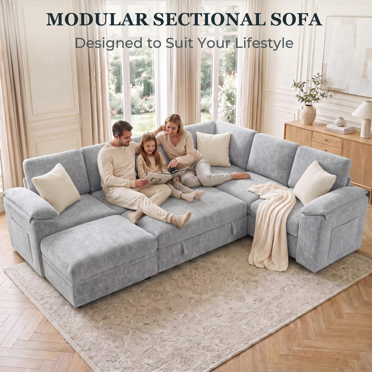 108 Inch Modular Sectional Sofa, Sleeper Sectional with Pull Out Couch Bed