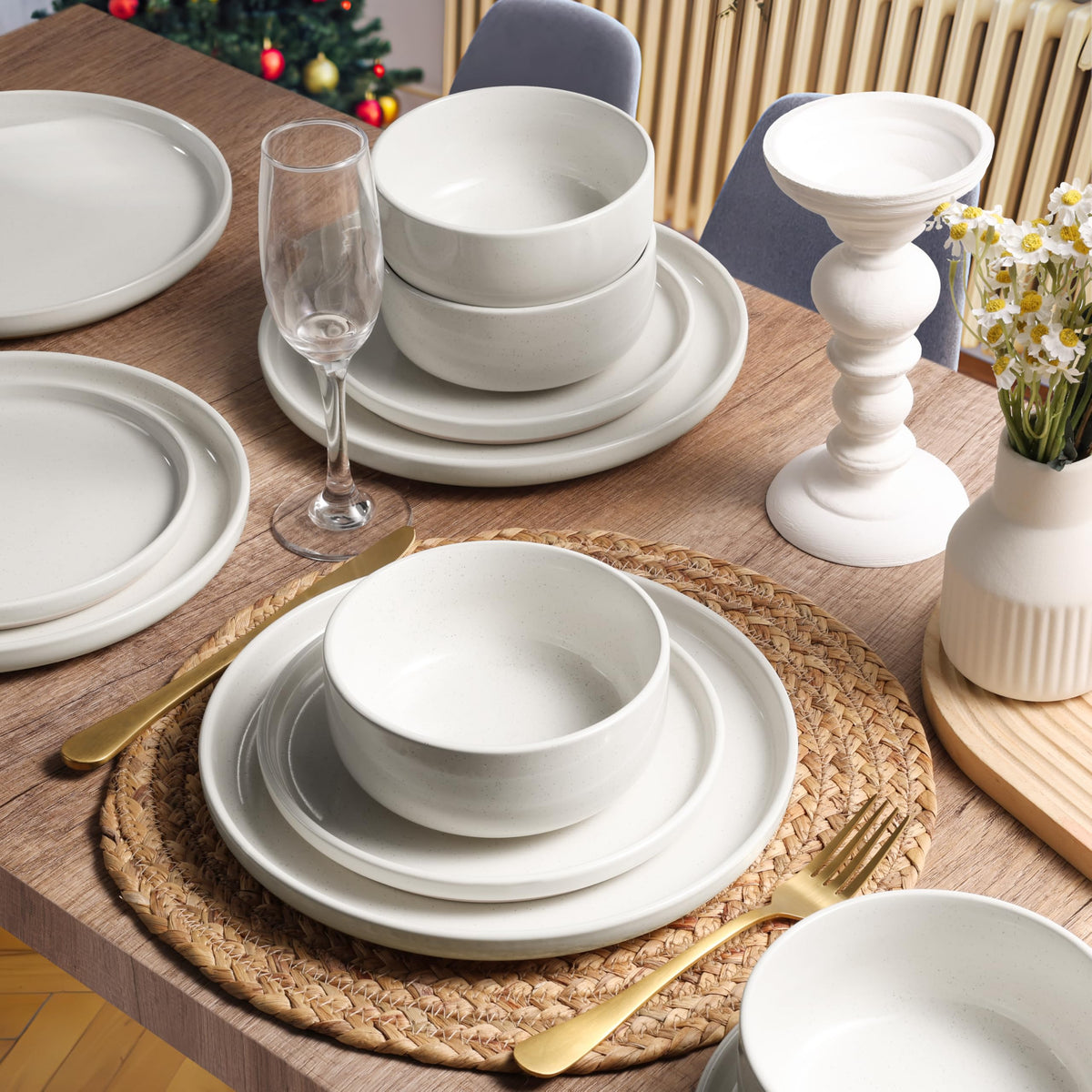 Dinnerware Sets, 6-Piece Plates and Bowls Set for 2, Milky White