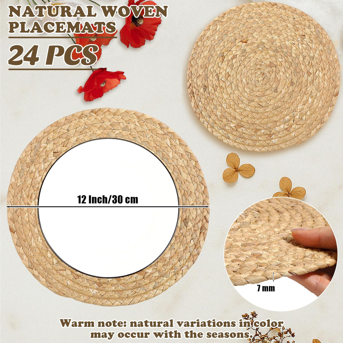 Set of 24 Round Woven Placemats 12-Inch Natural Water Hyacinth Plant Placemats Hand-Woven Boho Rattan Placemat Wicker