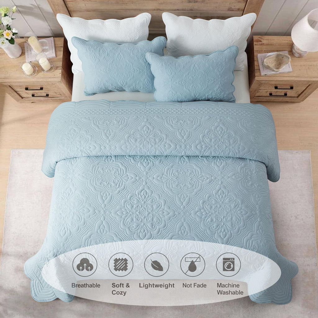 Embroidered Quilt Set - 3 Pieces, Washed Lightweight Coverlet with Scallop Edges, Reversible Bed Cover All