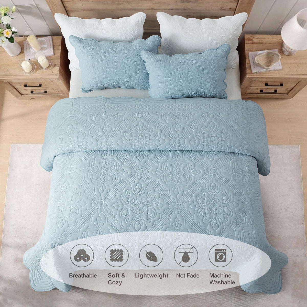 Embroidered Quilt Set - 3 Pieces, Washed Lightweight Coverlet with Scallop Edges, Reversible Bed Cover All