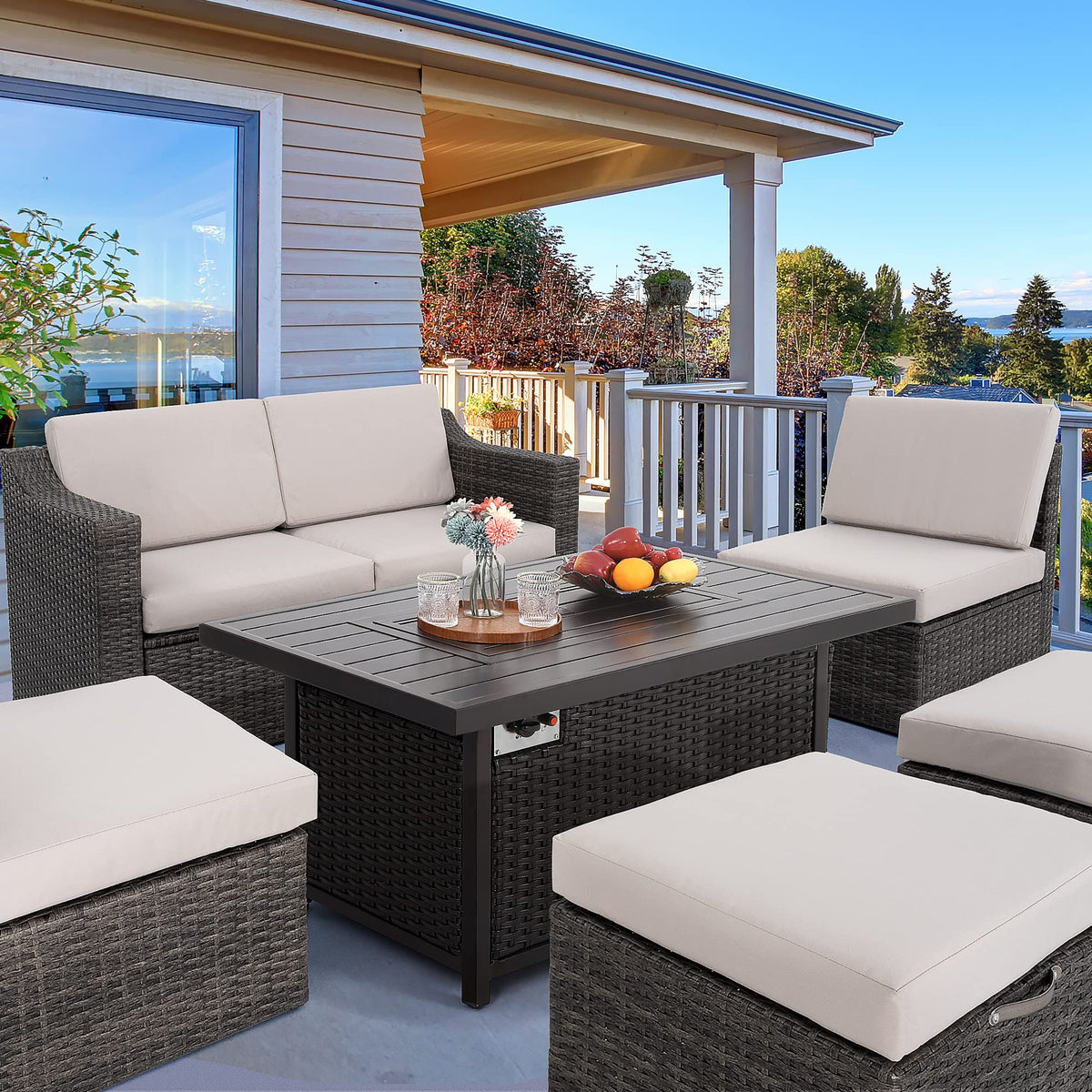 Propane Fire Pit Table - 48 inch 50, 000 BTU Aluminum Outdoor Patio Fire Pit, Wicker & Aluminum Rectangular Propane Gas