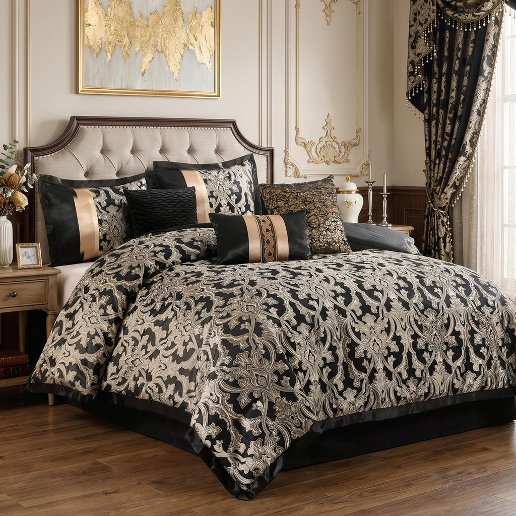 Gold Black Jacquard Comforter Set, 7 Piece Damask Bedding
