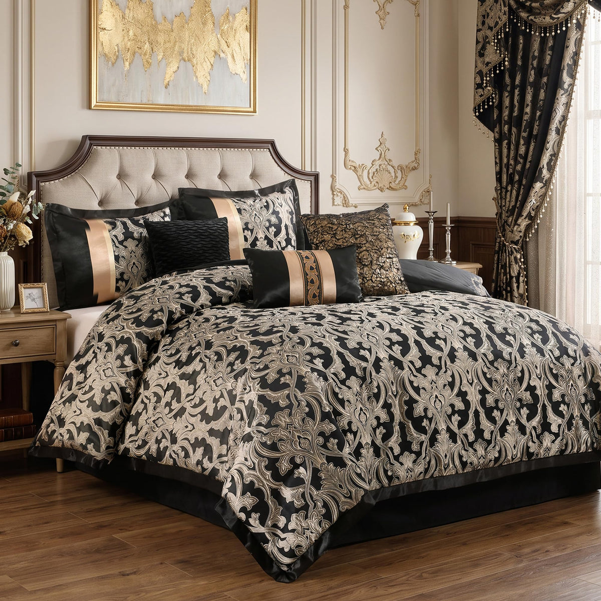Gold Black Jacquard Comforter Set, 7 Piece Damask Bedding