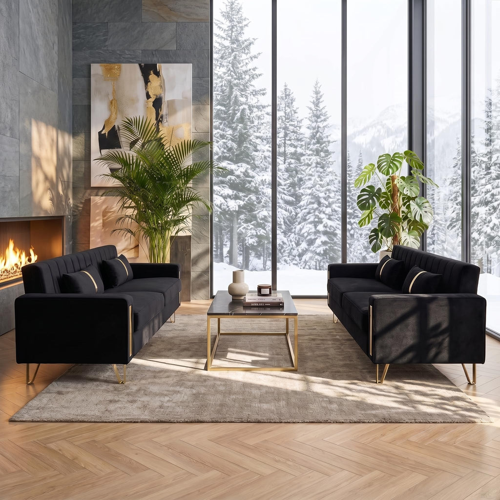 2-Piece Loveseat Couch Set, 86" Black 3-Seater Velvet Sofa Couch with 4 Pillows & Gold Metal Legs, Modern